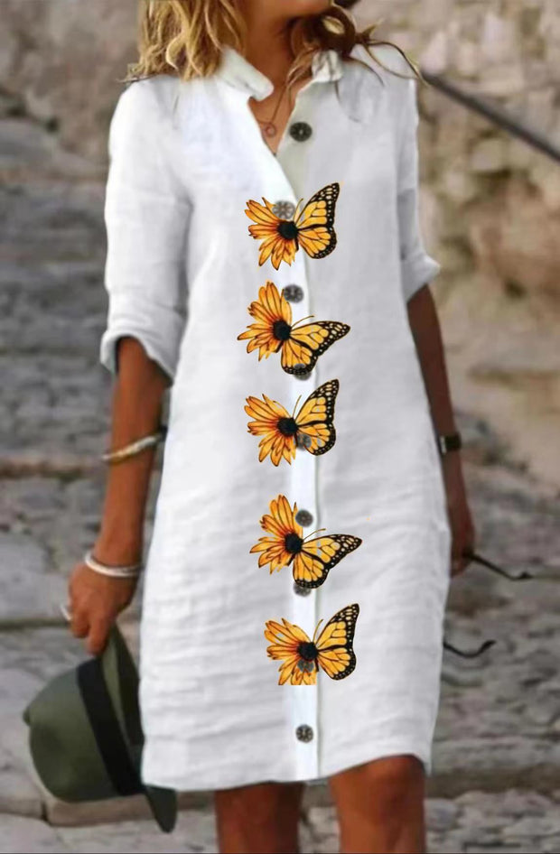SunFlowers&Butterfly Plain Cotton Casual Dress