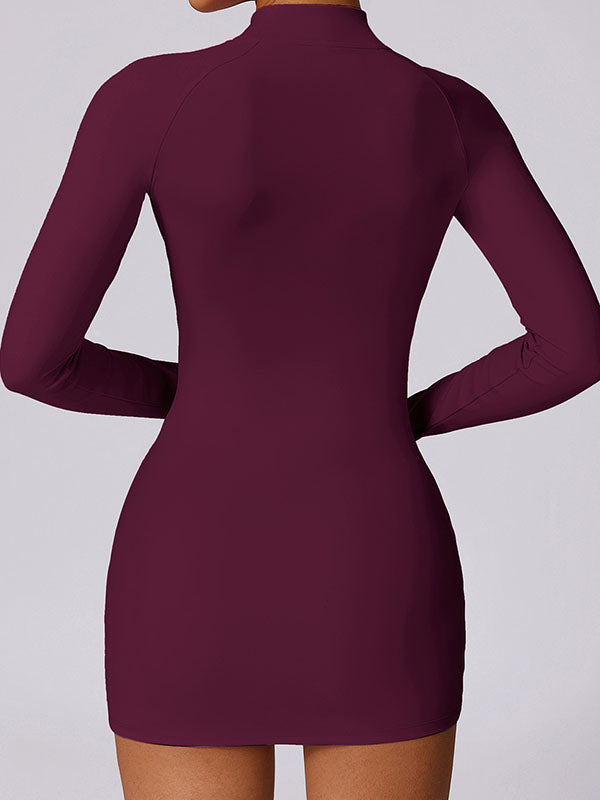 Long Sleeves Skinny Solid Color Zipper Round-Neck Mini Dresses