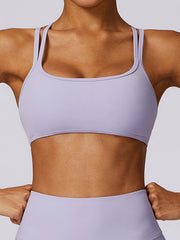 Wrap Back Cross Hollow Solid Color Spaghetti-Neck Sports Bra