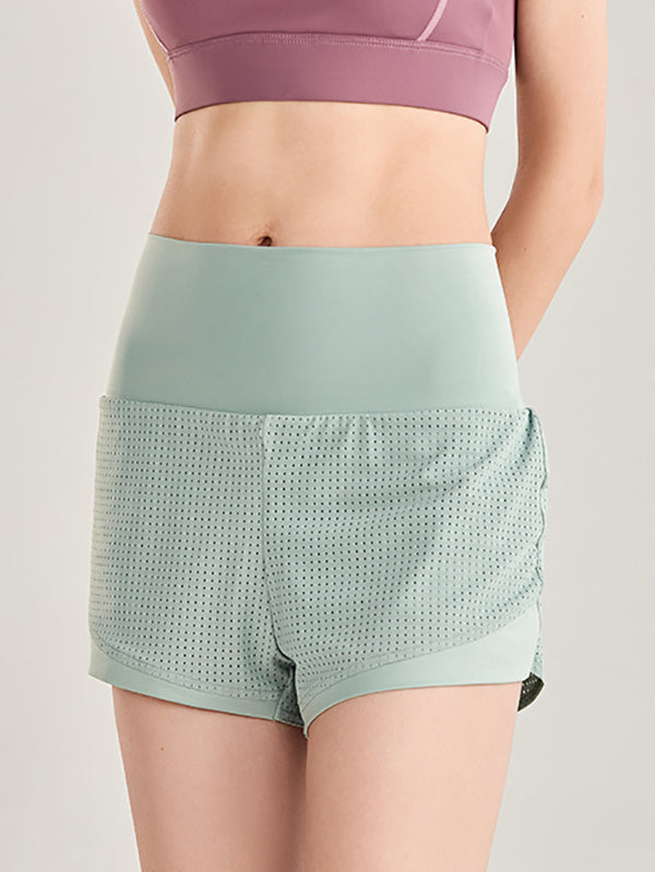 False Two Wrap Yoga Bottoms High-Waisted Pockets Solid Color Shorts