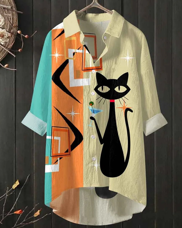 Cartoon Cat Color Personality Printed Lapel Cotton Linen Shirt