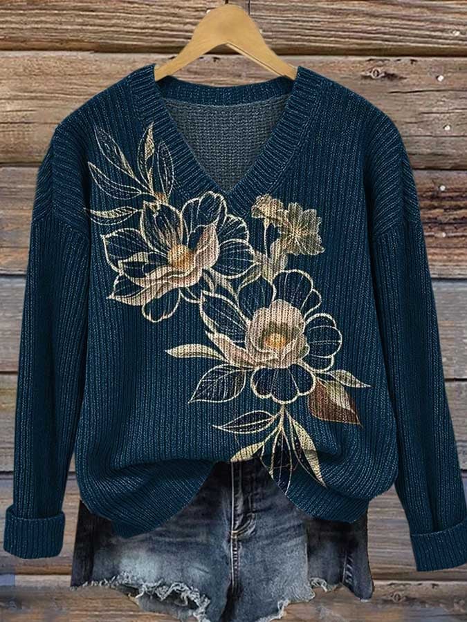 Women's Floral Print Casual V-Neck Pullover Sweater