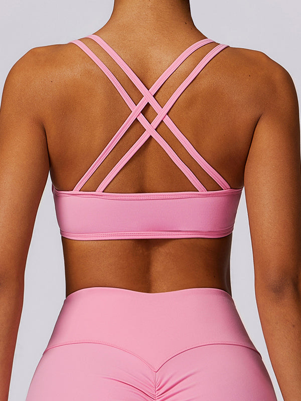 Wrap Back Cross Hollow Solid Color Spaghetti-Neck Sports Bra