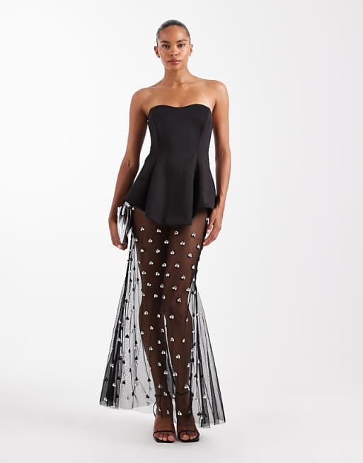 Sexy off-the-Shoulder Tube Top Stitching Mesh See-through Dress