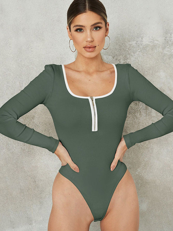 Casual Skinny Long Sleeves Contrast Color Square-Neck Bodysuits