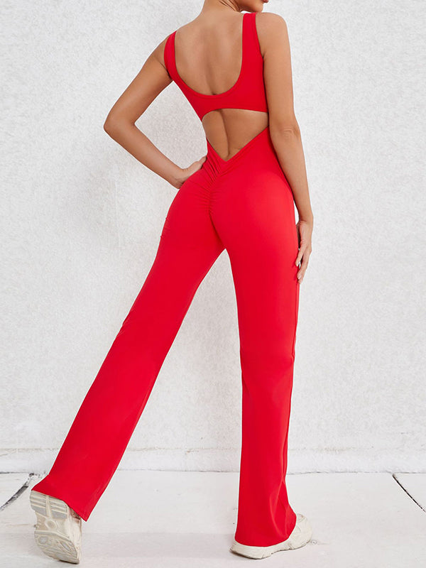 Wrap Hollow Solid Color Spaghetti-Neck Jumpsuits