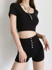 U-Neck Short Sleeve Top High-Waisted Shorts Button Casual Suit