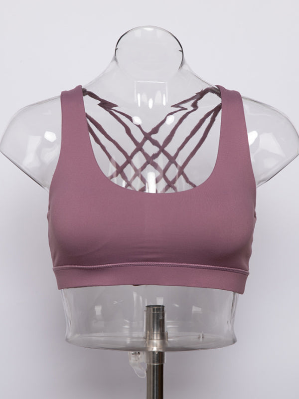 Back Cross Wrap Hollow Solid Color Spaghetti-Neck Sports Bra