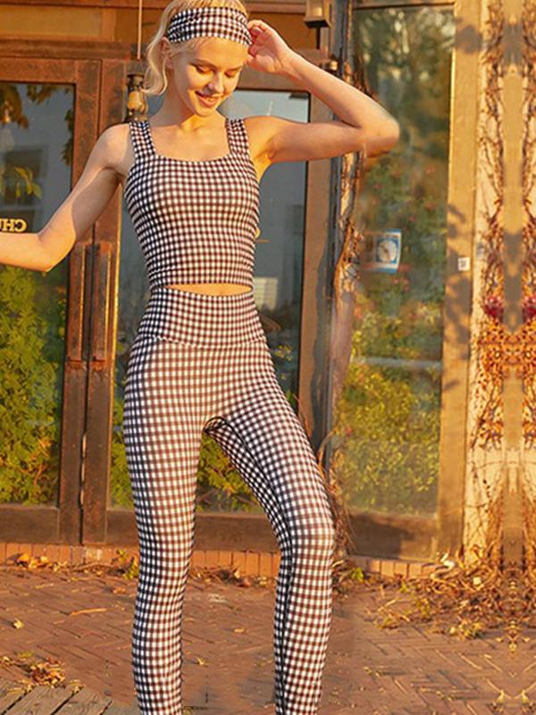 Sleeveless Checkered Exposed Navel Yoga Suits