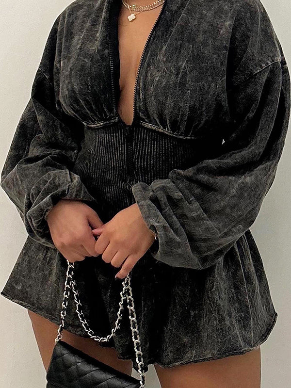 A-Line All-Match Tied Waist Wash Painting Zipper Deep V-Neck Rompers