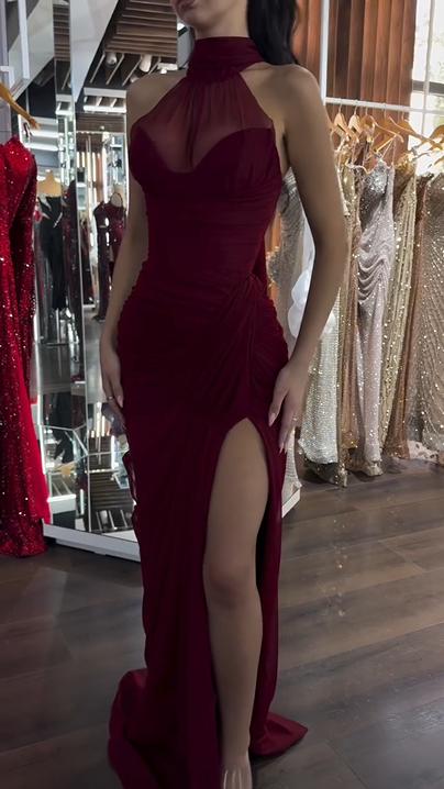 Sexy Sleeveless Halter Stitching High Slit Solid Color Dress