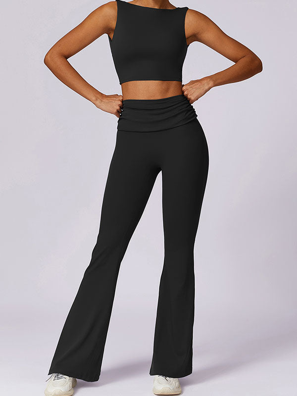 Skinny Sleeveless Backless Pleated Solid Color Round-Neck Tank&Pants Suits