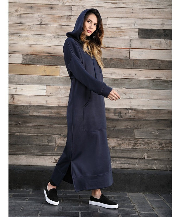 Autumn Winter New Loose Velvet Casual Fashion Big Pocket Knitted Hooded Maxi Dress