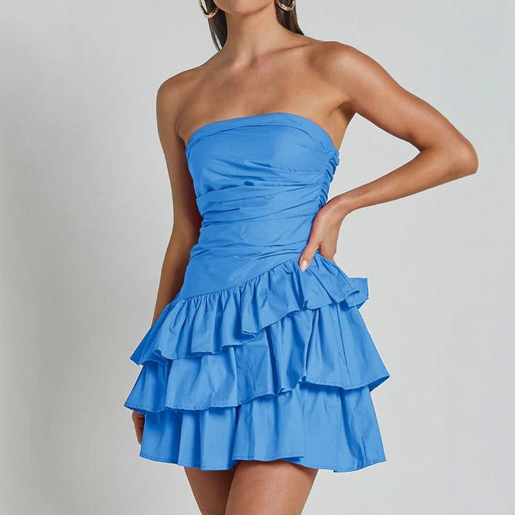 Pure Color One-Line Collar Dress Summer Women's Slim Tube Top Cake Mini Dresses