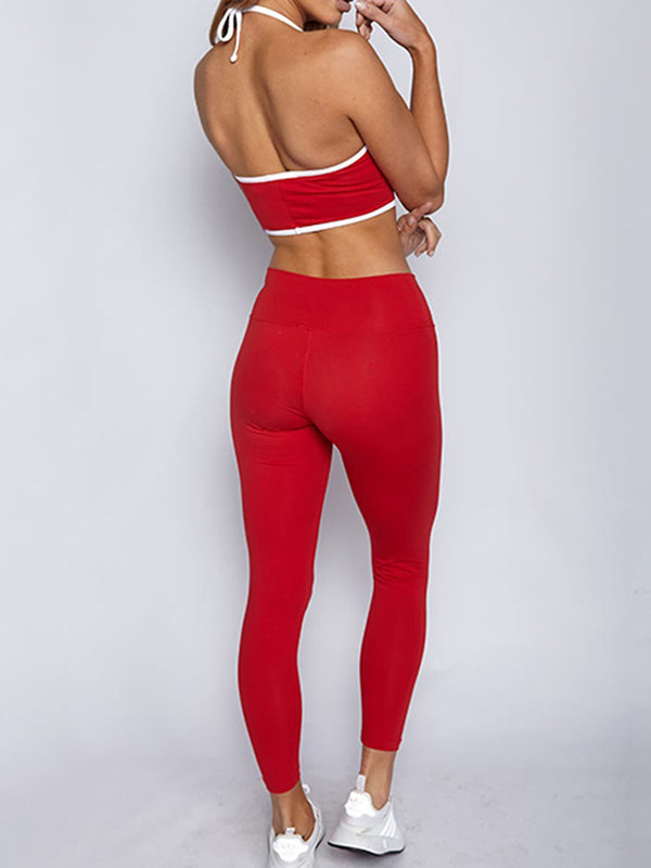 Neck Tie Backless Mdriff Baring Tight Fitting Gym Suit