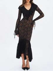 Sexy Long Sleeve Low-Cut Lace Stitching Dress