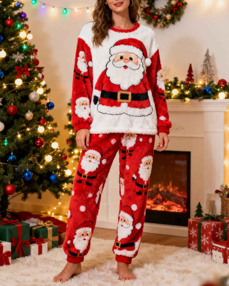 Women's Fuzzy Loungewear Set Christmas Santa Round Neck Loose Long Sleeve Pants Set