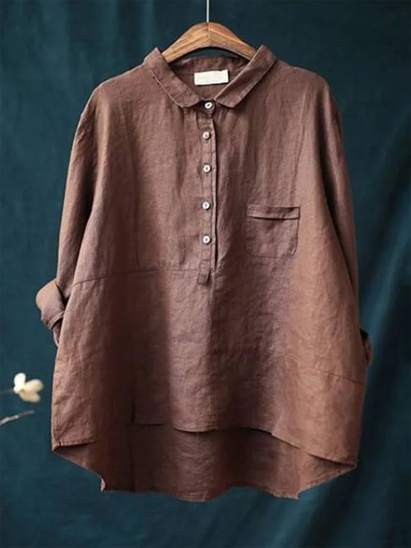 Round Neck Cotton And Linen Solid Color Top