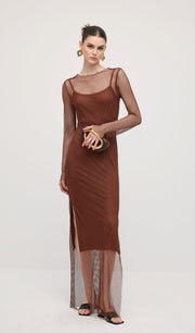 Mesh With Monochrome Lining  Maxi Dress In Coffee