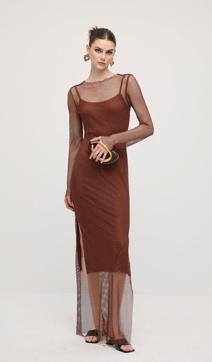 Mesh With Monochrome Lining  Maxi Dress In Coffee