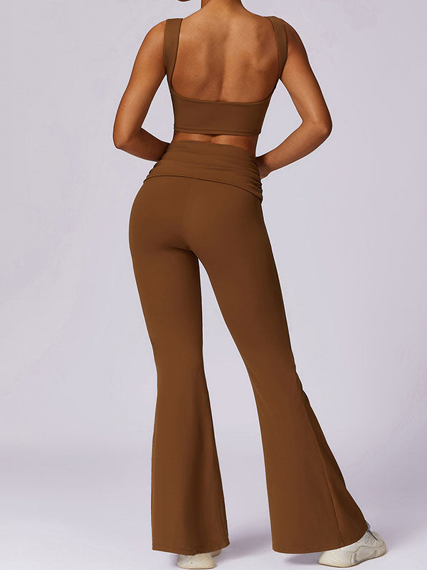 Skinny Sleeveless Backless Pleated Solid Color Round-Neck Tank&Pants Suits