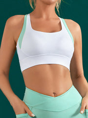 Skinny Wrap Sports Bra Buttoned Color-Block Yoga Tops Elasticity Hollow Square-Neck Bra