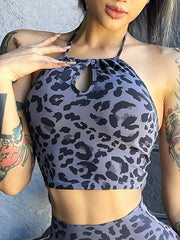 Skinny Wrap Bandage Sports Bra Hollow Leopard Yoga Tops Halter-Neck Bra