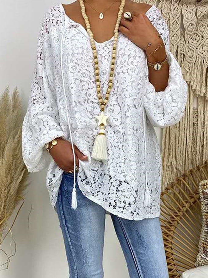 Women's Lace Stitching Hollow Sleeve V-Neck Top