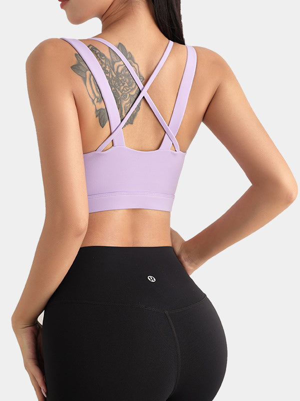 Wrap Back Cross Hollow Solid Color Spaghetti-Neck Sports Bra