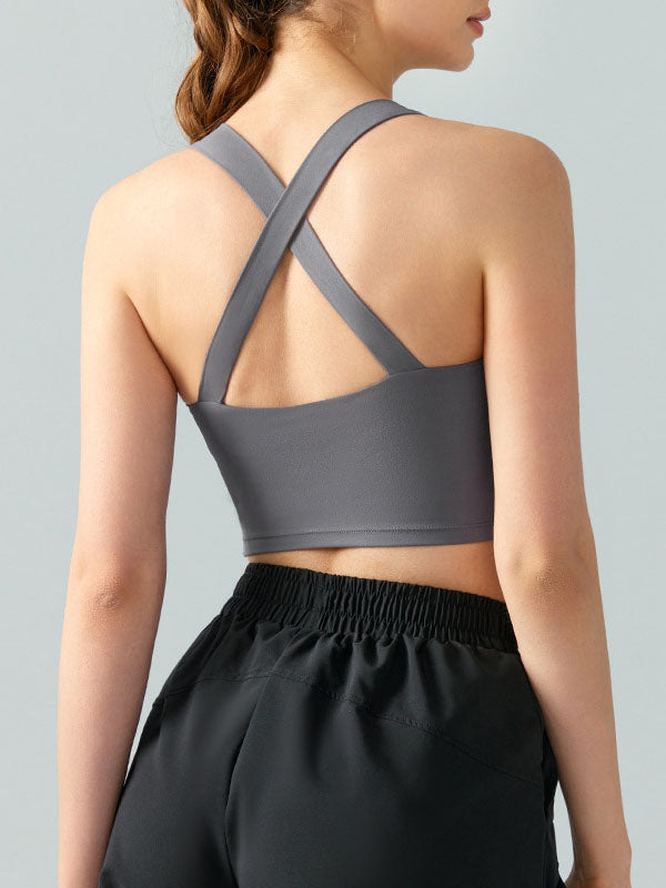 Cropped Wrap Back Cross Hollow Solid Color Square-Neck Yoga Tops