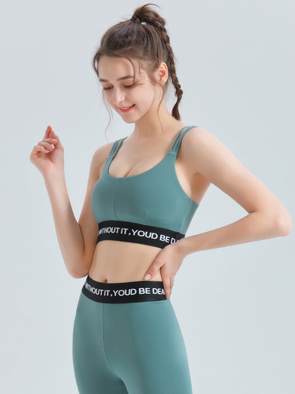 Wrap Back Cross Hollow Letter Print U-Neck Sports Bra