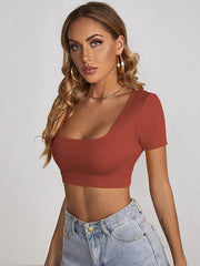 Cropped Skinny Solid Color T-Shirts Square-Neck Tank