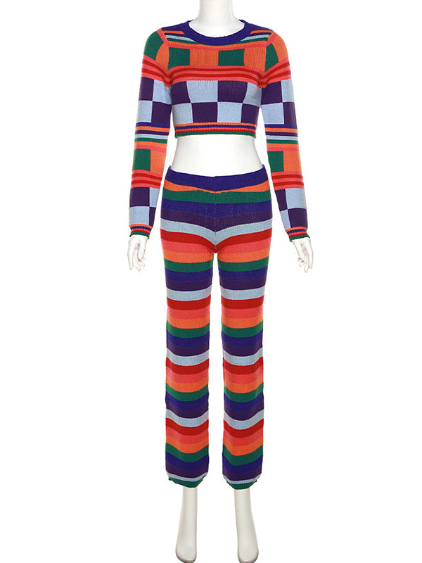 Cropped Long Sleeves Multi-Colored Round-Neck Suits