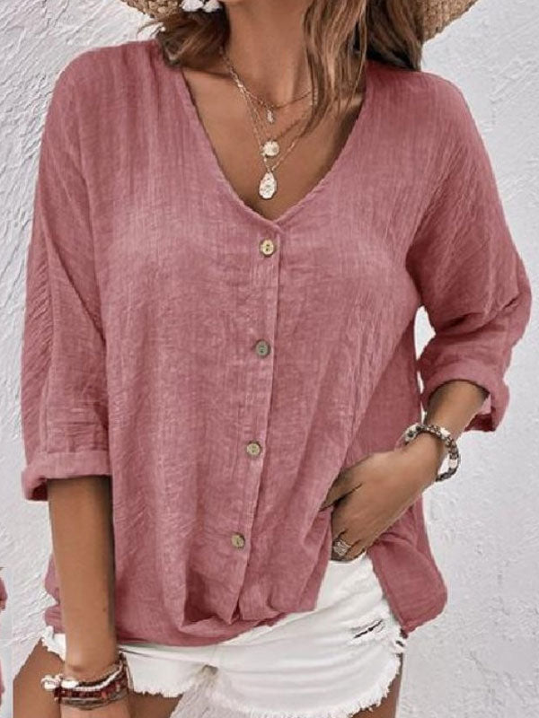 Cotton and Linen Comfortable Casual V-neck Women's Shirt