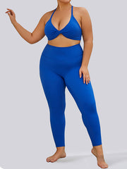 Hollow Solid Color Deep V-Neck Sports Bra&Leggings Suits