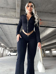 Wrap Solid Color Zipper Jackets&Pants Suits