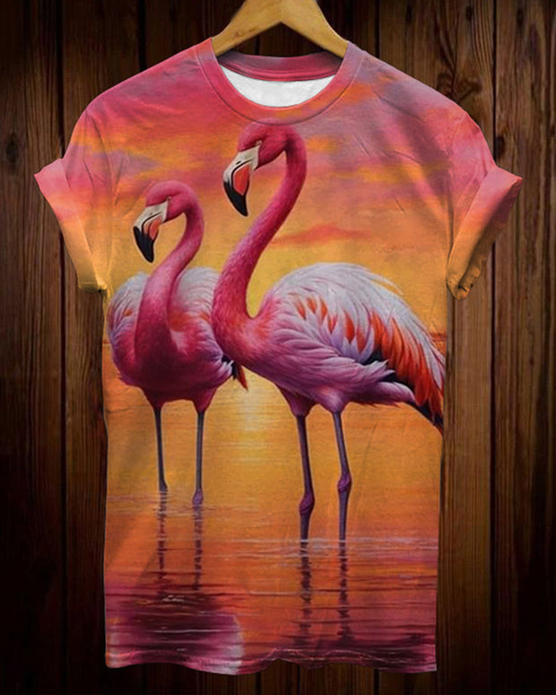 Sunset Flamingo Print Crew Neck Short-Sleeved T-Shirt