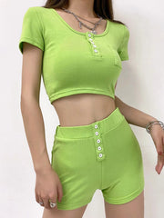 U-Neck Short Sleeve Top High-Waisted Shorts Button Casual Suit