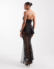 Sexy off-the-Shoulder Tube Top Stitching Mesh See-through Dress