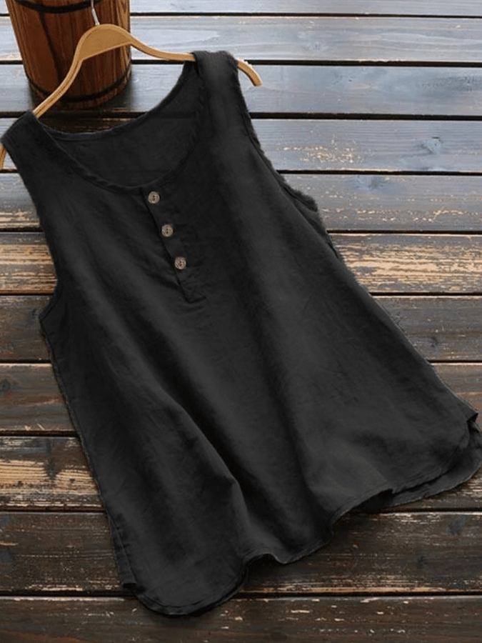 Women's Solid Cotton Linen Round Neck Split T-shirt