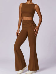 Skinny Sleeveless Backless Pleated Solid Color Round-Neck Tank&Pants Suits