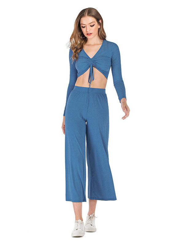 Solid Drawstring Long Sleeves Wide Leg Yoga Suits