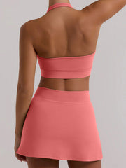 Wrap Backless Solid Color Split-Side Halter-Neck Sports Bra&Skirts Suits