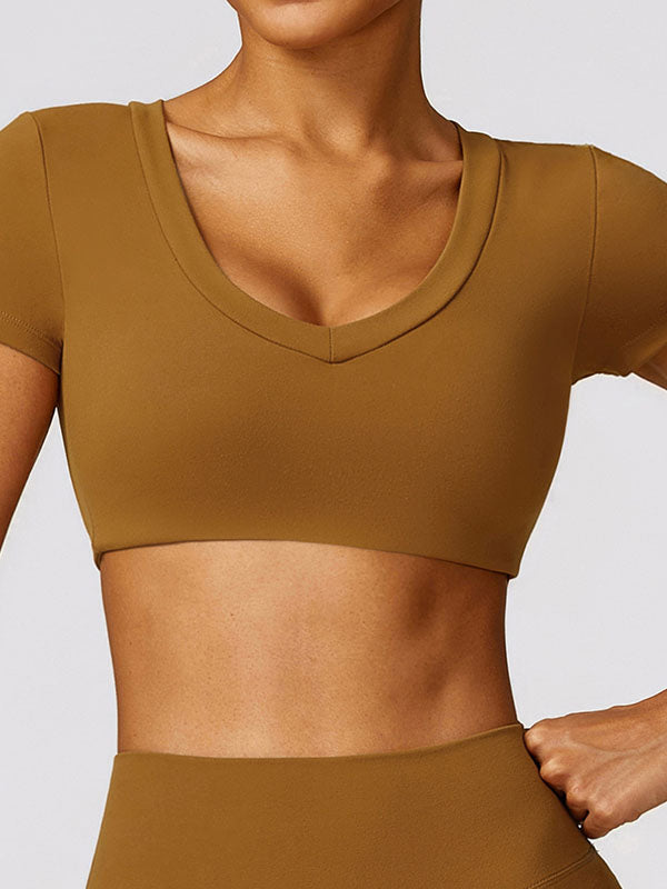 Long Sleeves Wrap Solid Color V-Neck Yoga Tops