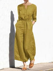 Round Neck Cotton And Linen Solid Color Long-Sleeved Jumpsuit