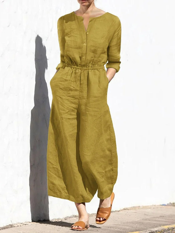 Round Neck Cotton And Linen Solid Color Long-Sleeved Jumpsuit