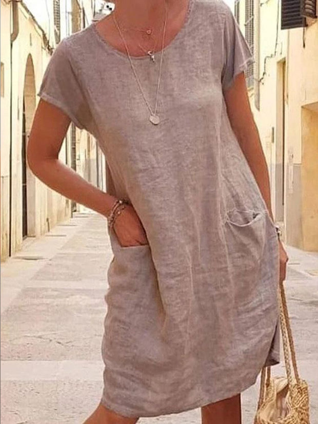 Loose Solid Color Pocket Short Sleeve round Neck Cotton and Linen Dress