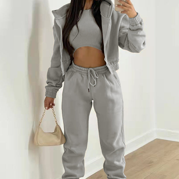 Simple hooded sweatshirt sports three piece set