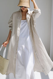 Casual Solid Color Lapel Collar Split-Side Long Sleeves Shirt Dress