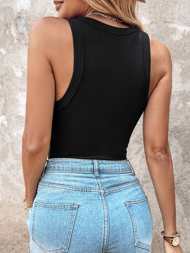 Round Neck Built-in Bra Ribbed Tank Top